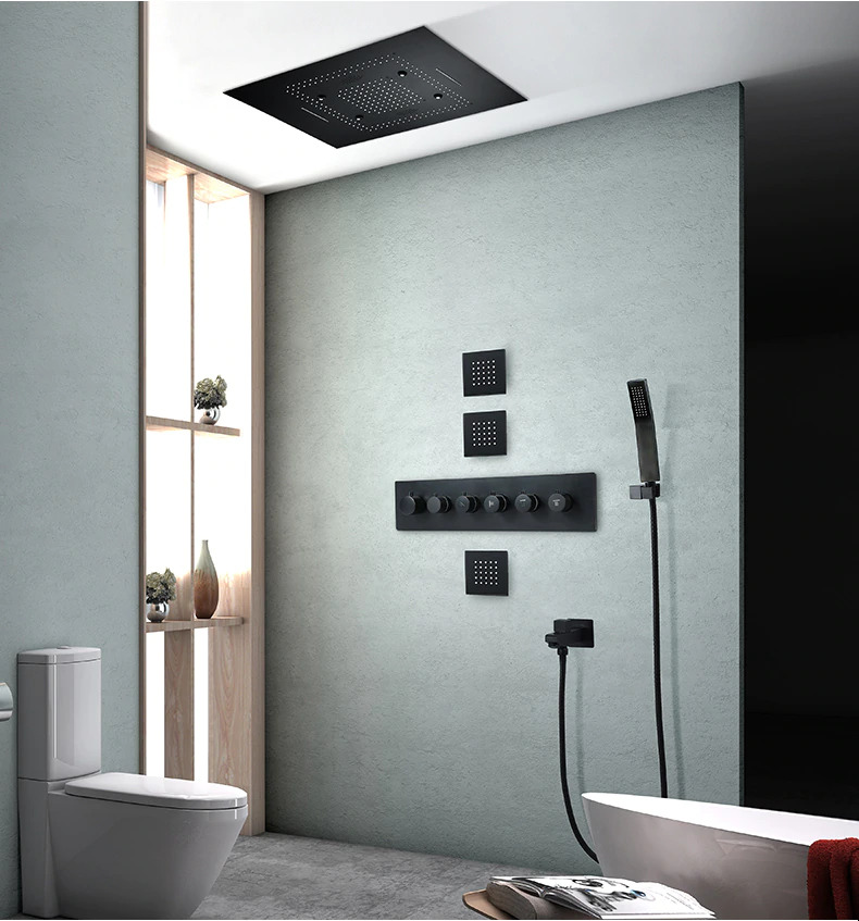 Fontana Sète Remote Controlled Stainless Steel LED Smart Music Rainfall Thermostatic Shower Head With Massage Jets And Hand Sprayer In Matte Black